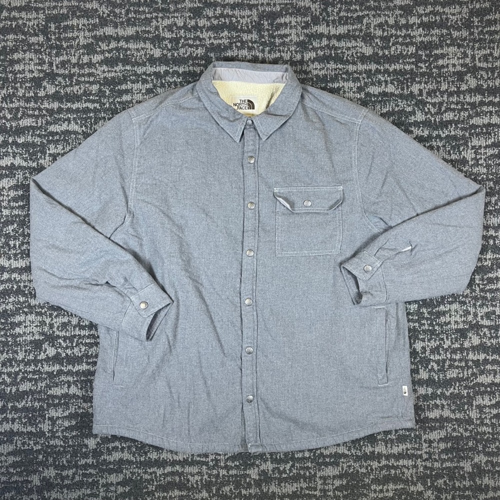 The North Face Shirt Jacket Mens XXL Gray Sherpa Lined Flannel Snap Front Coat